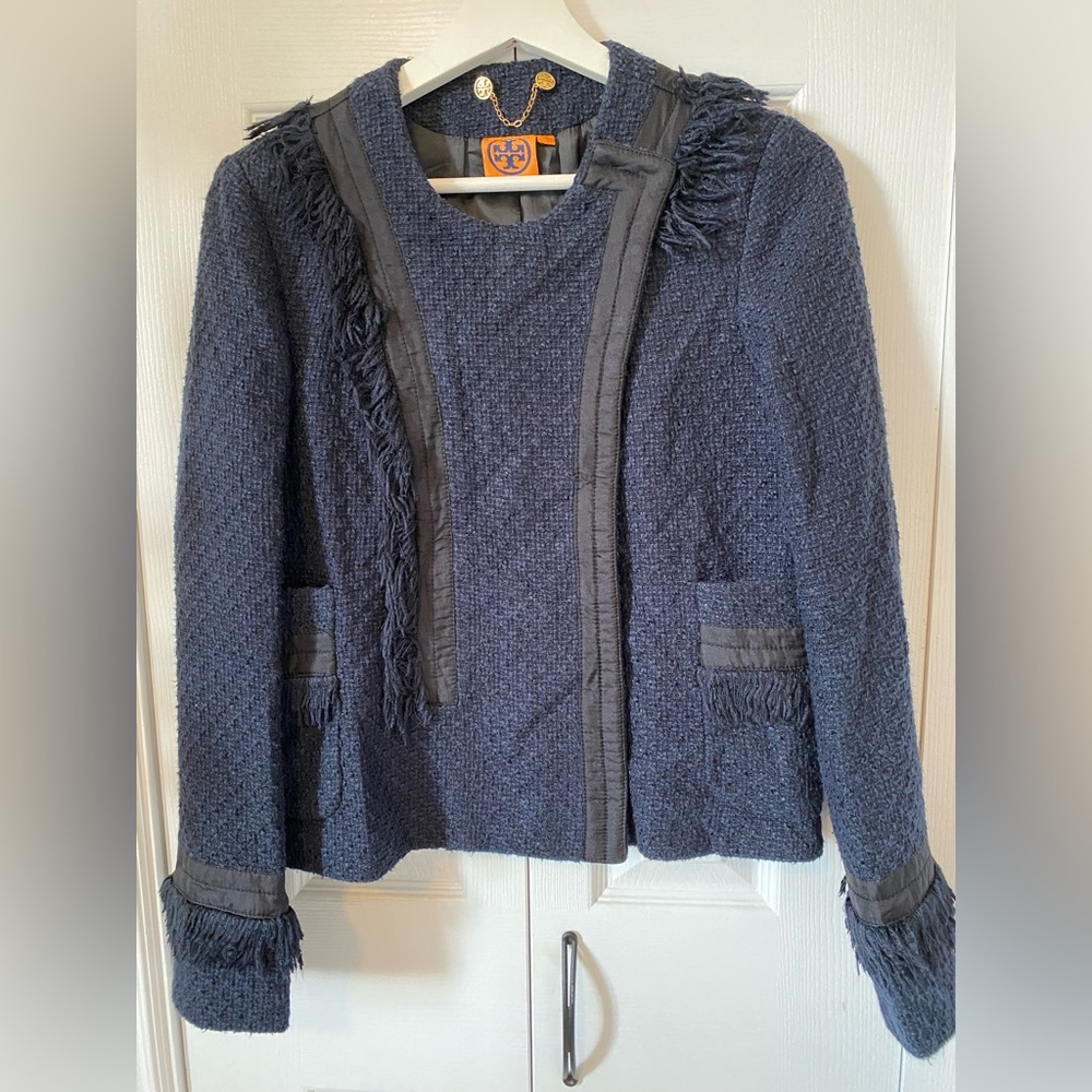 Tory Burch Tweed Jacket Navy With Fringe Snap Front Cotton Blend Like New Size 4